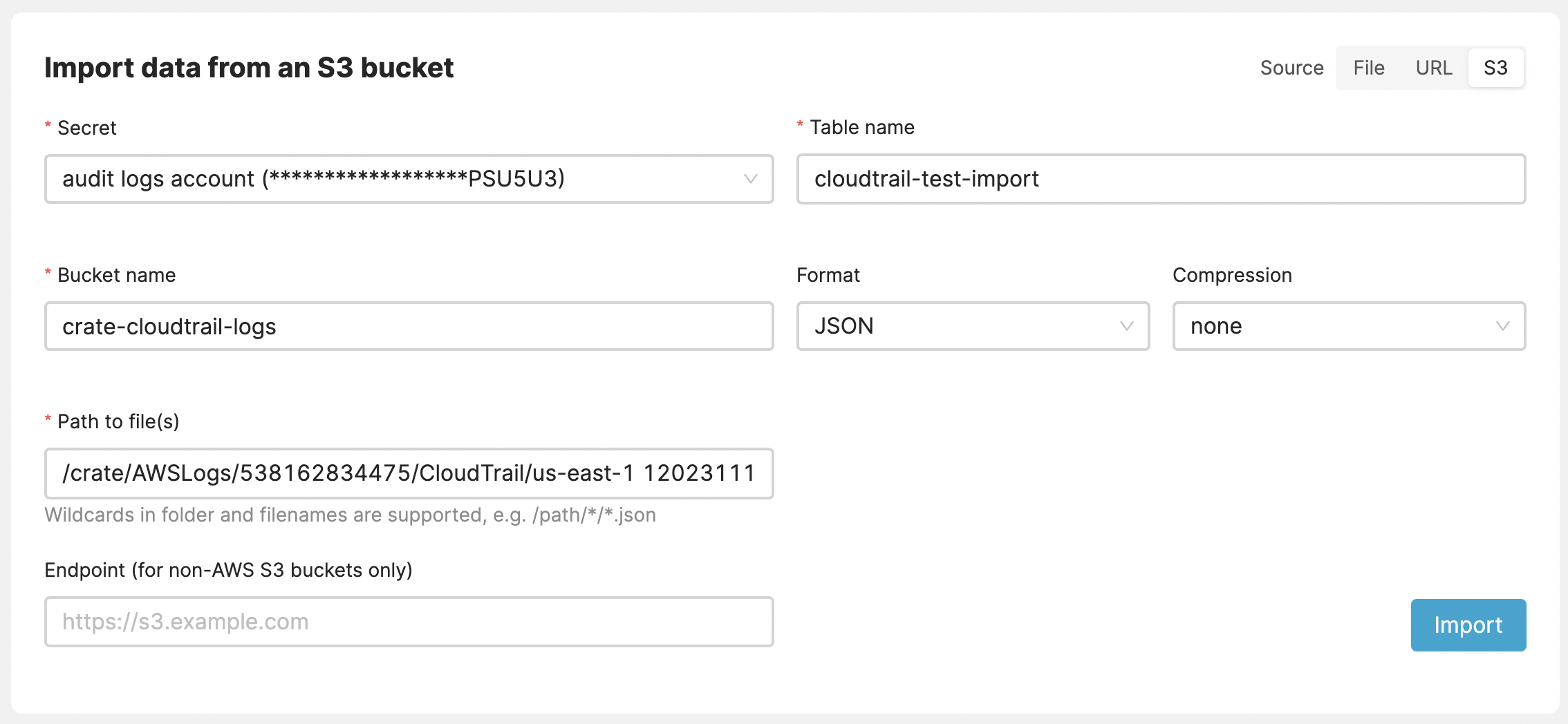 Cloud Console cluster import globbing
