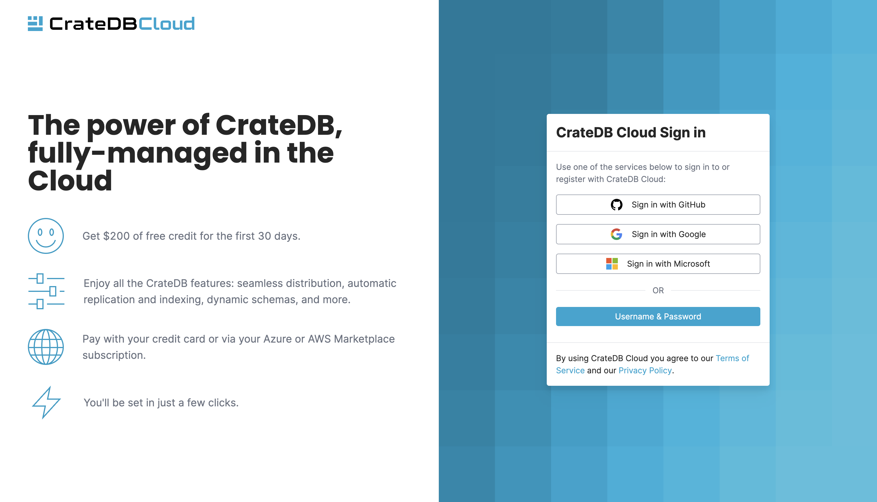 CrateDB Cloud sign-in screen