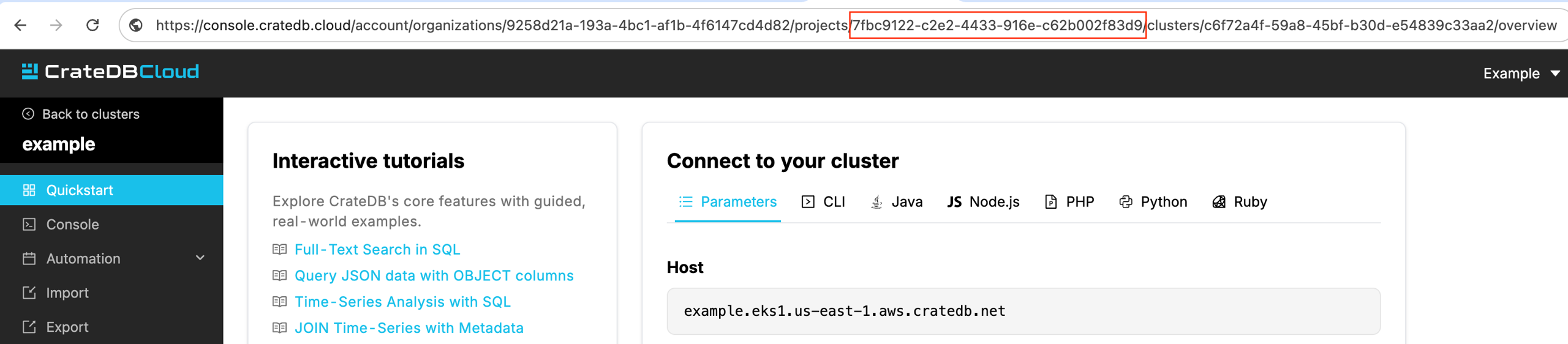 Obtaining the CrateDB Cloud project ID