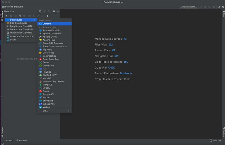 CrateDB & Datagrip: Add CrateDB as a data source