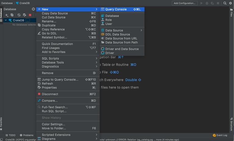 Datagrip & CrateDB: Query Console