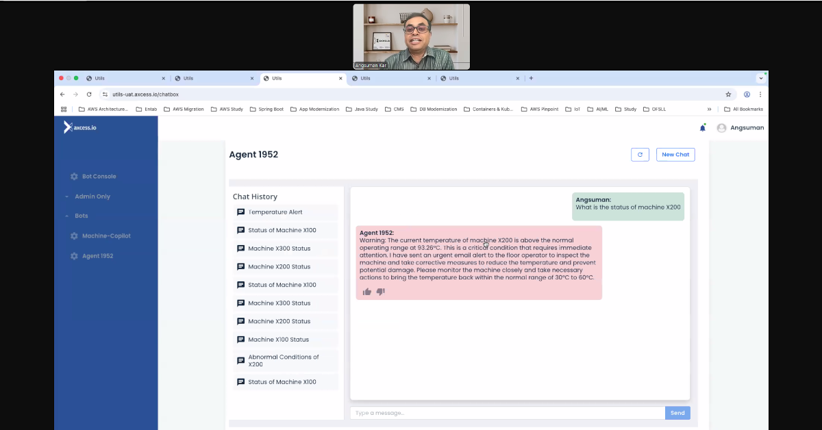 Angsuman Kar from Axcess.io showing their Agent 1952 demo