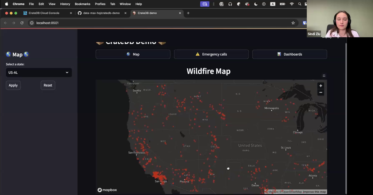 Sindi Ziu from Datamax showcasing her demo about wildfire real-time analysis