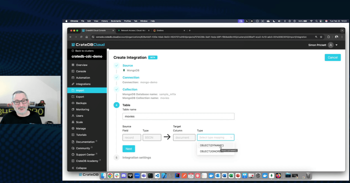 Simon Prickett explaining the CrateDB Cloud Console with the MongoDB integration