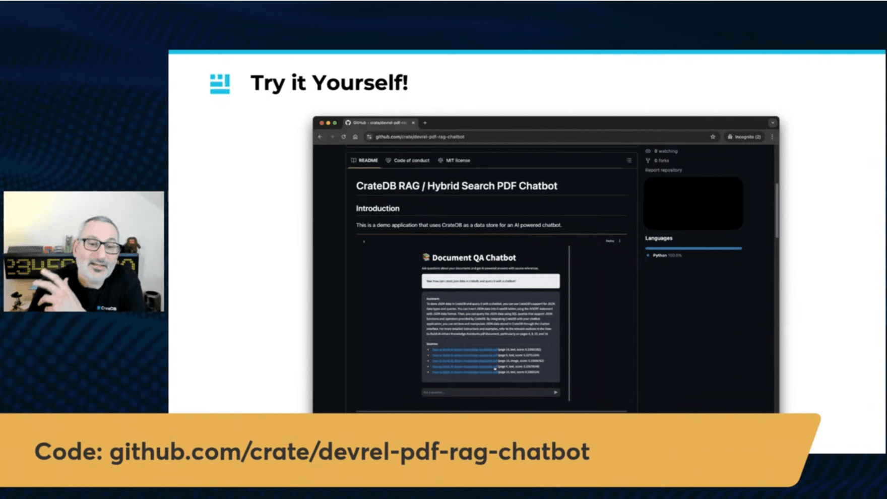 Screenshot of the webinar From Documents to Dialogue: Unlocking PDF Data with a Smart Chatbot. The speaker, Simon Prickett, is shown on the left while he shares his screen showing some source code of the the PDF chatbot.