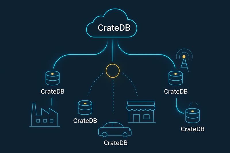 Create a clean modern illustration showing how CrateDB is deployed at the edge of a distributed architecture Visualize multiple edge locations such as