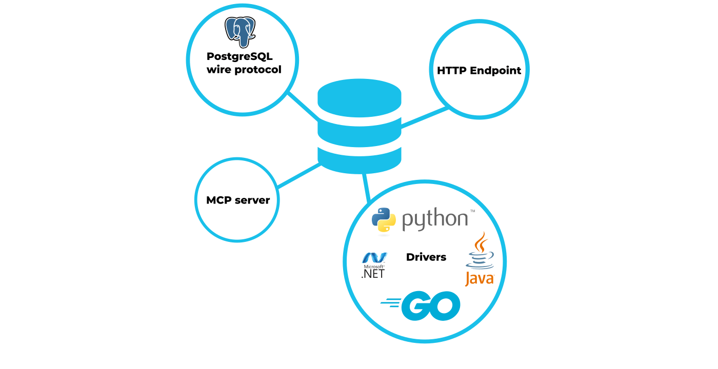 PostgreSQL wire protocol, HTTP Endpoint, MCP server and Drivers for all important programming languages are available to connect to CrateDB