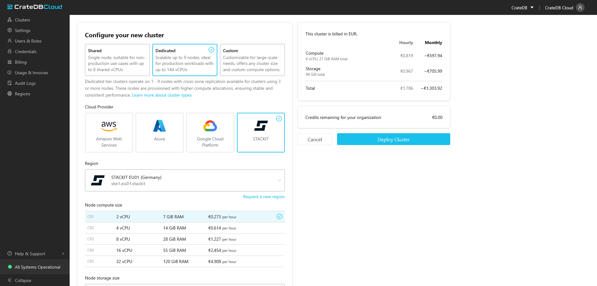 CrateDB Cloud console overview with deployment option on aws, Azure, Google Cloud and STACKIT