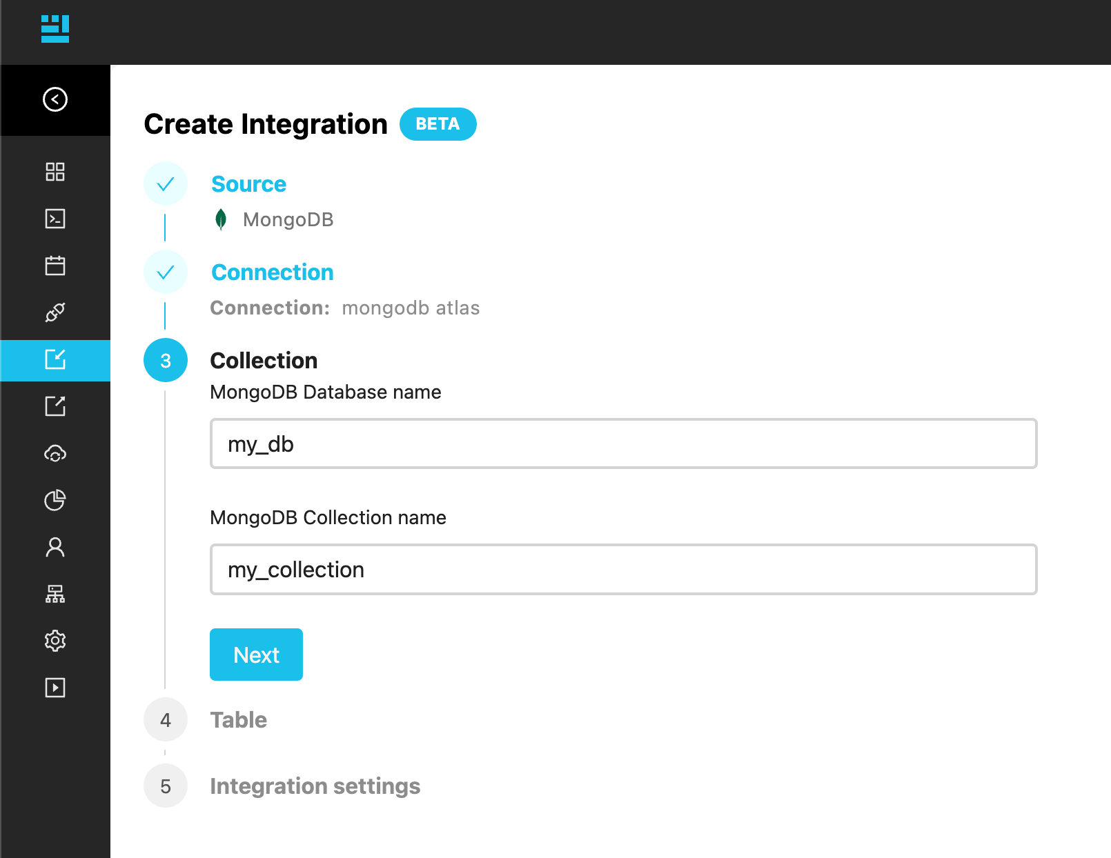 A screenshot of CrateDB Cloud showing how easy it is to create an integration with MongoDB by just writing the MongoDB Database name and Collection name