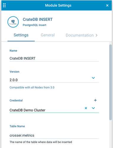 A screenshot of the module settings in Crosser to make an INSERT into CrateDB