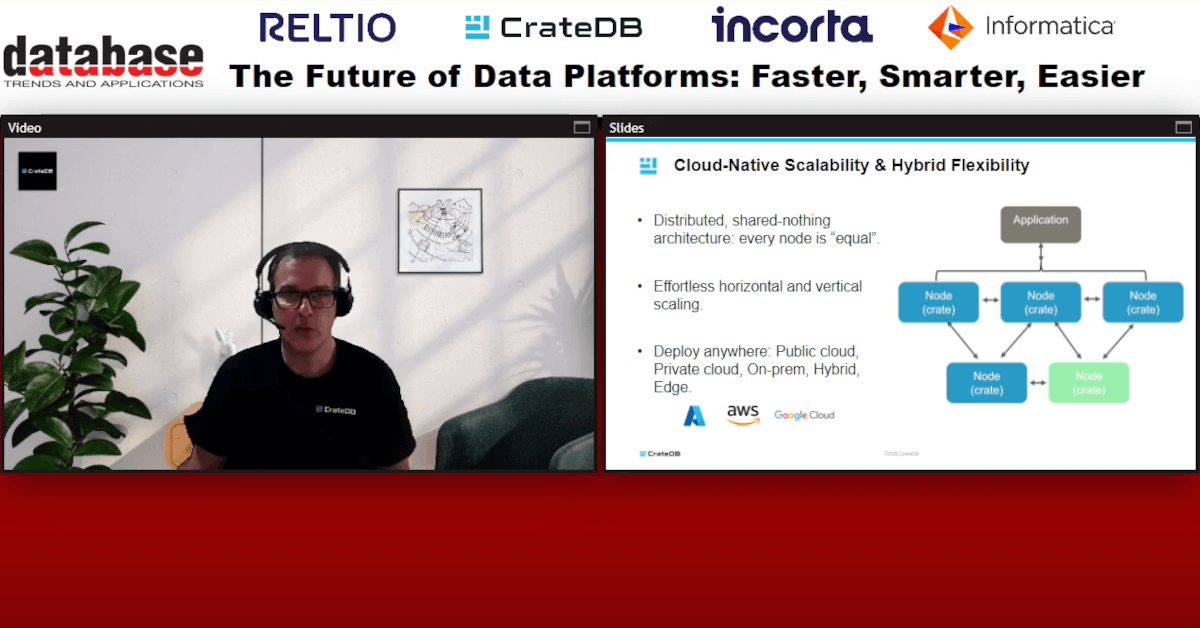 Screenshot of the DBTA webinar "The Future of Data Platforms: Faster, Smarter, Easier" where Stephan Castellani explains CrateDB