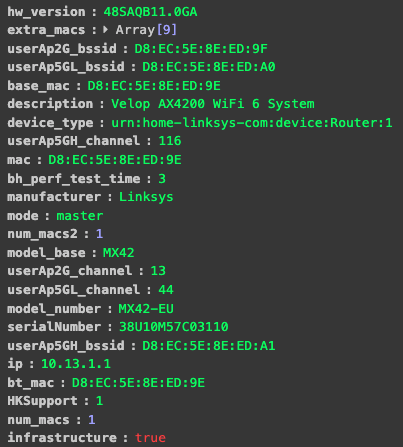 Screenshot of a JSON-like device data payload (e.g., from a router API) showing fields such as hardware version, MAC addresses, description ("Velop AX4200 WiFi 6 System"), device type, manufacturer ("Linksys"), model info, IP address, and infrastructure flags.