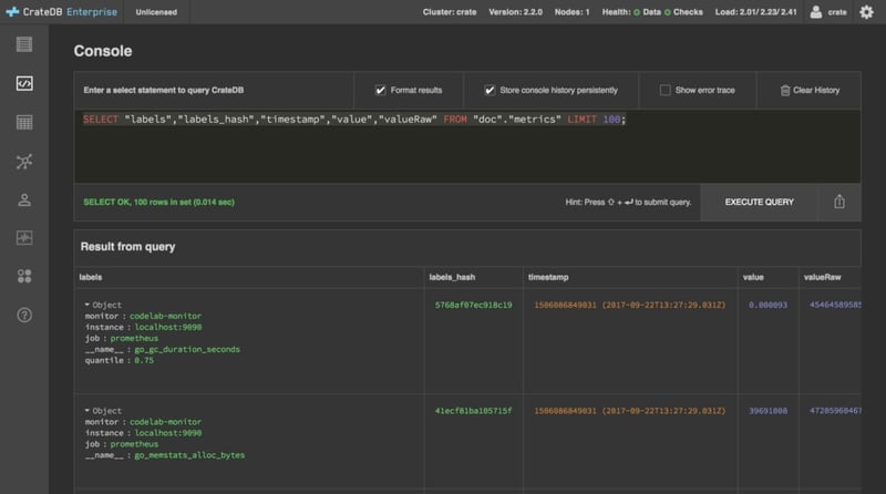 CrateDB Metrics Table filling up with data from Prometheus