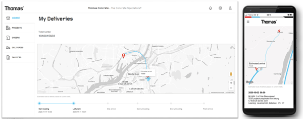  In the online portal, the customer can follow the exact position of the concrete truck in Google Maps, getting information about the estimated time of arrival