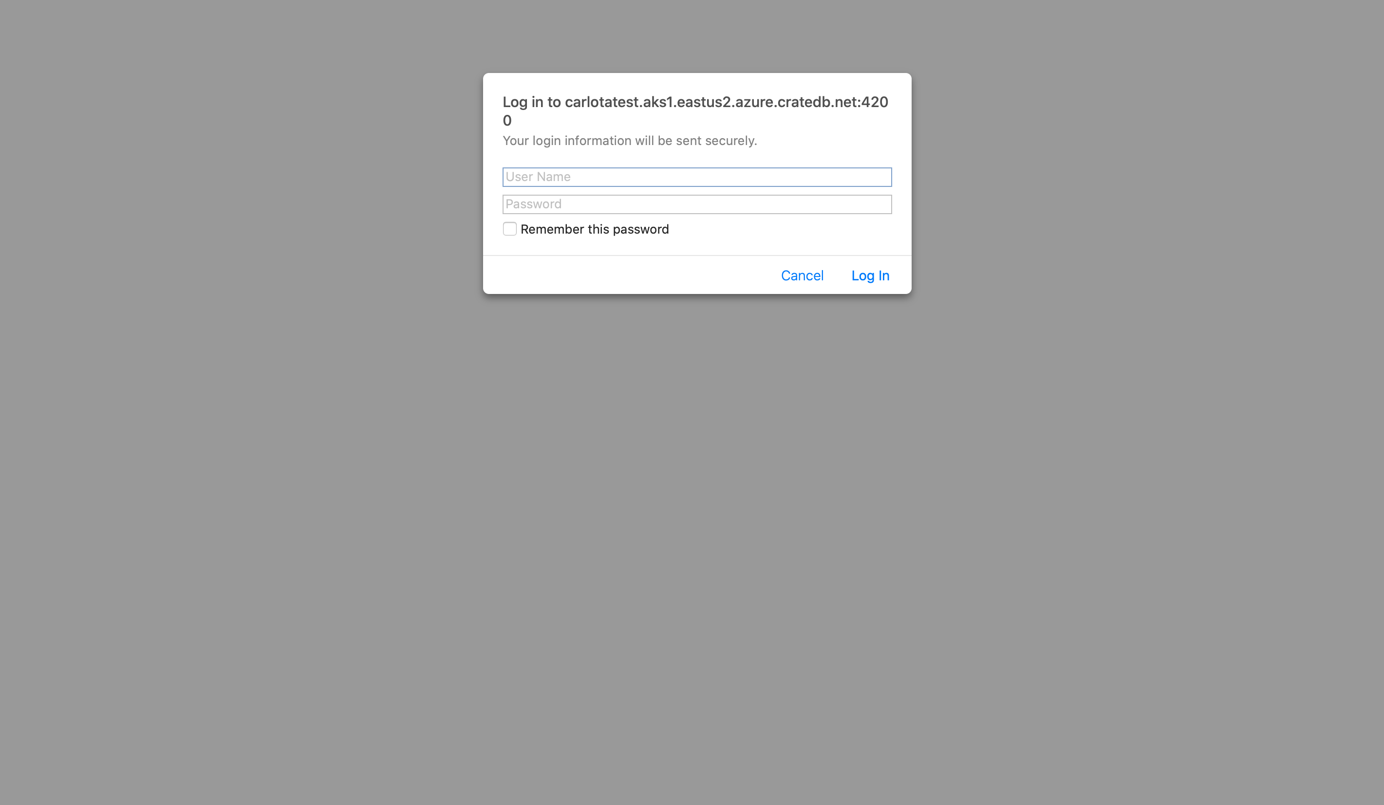 Log in screen