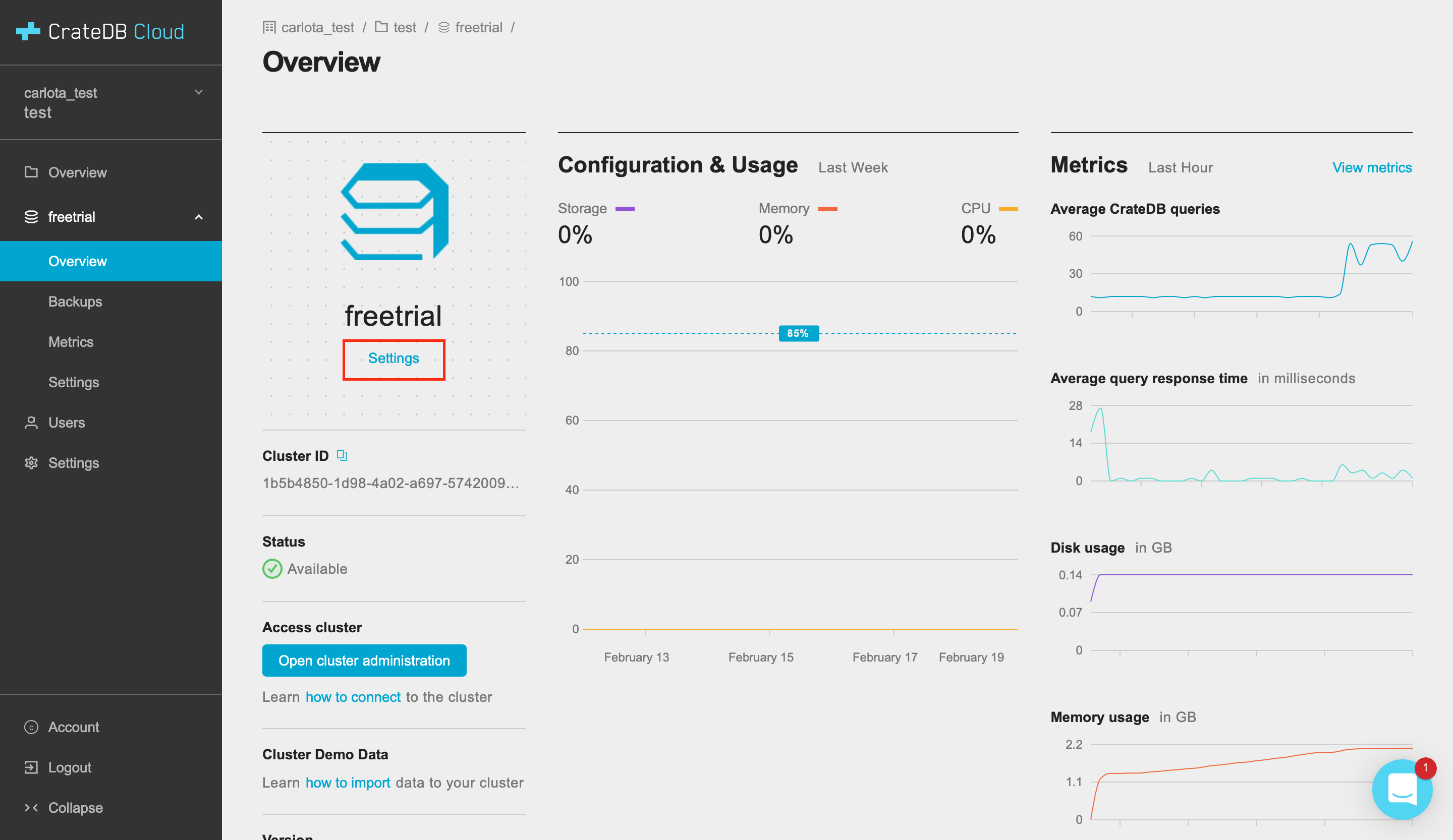 CrateDB Cloud Free Trial Settings